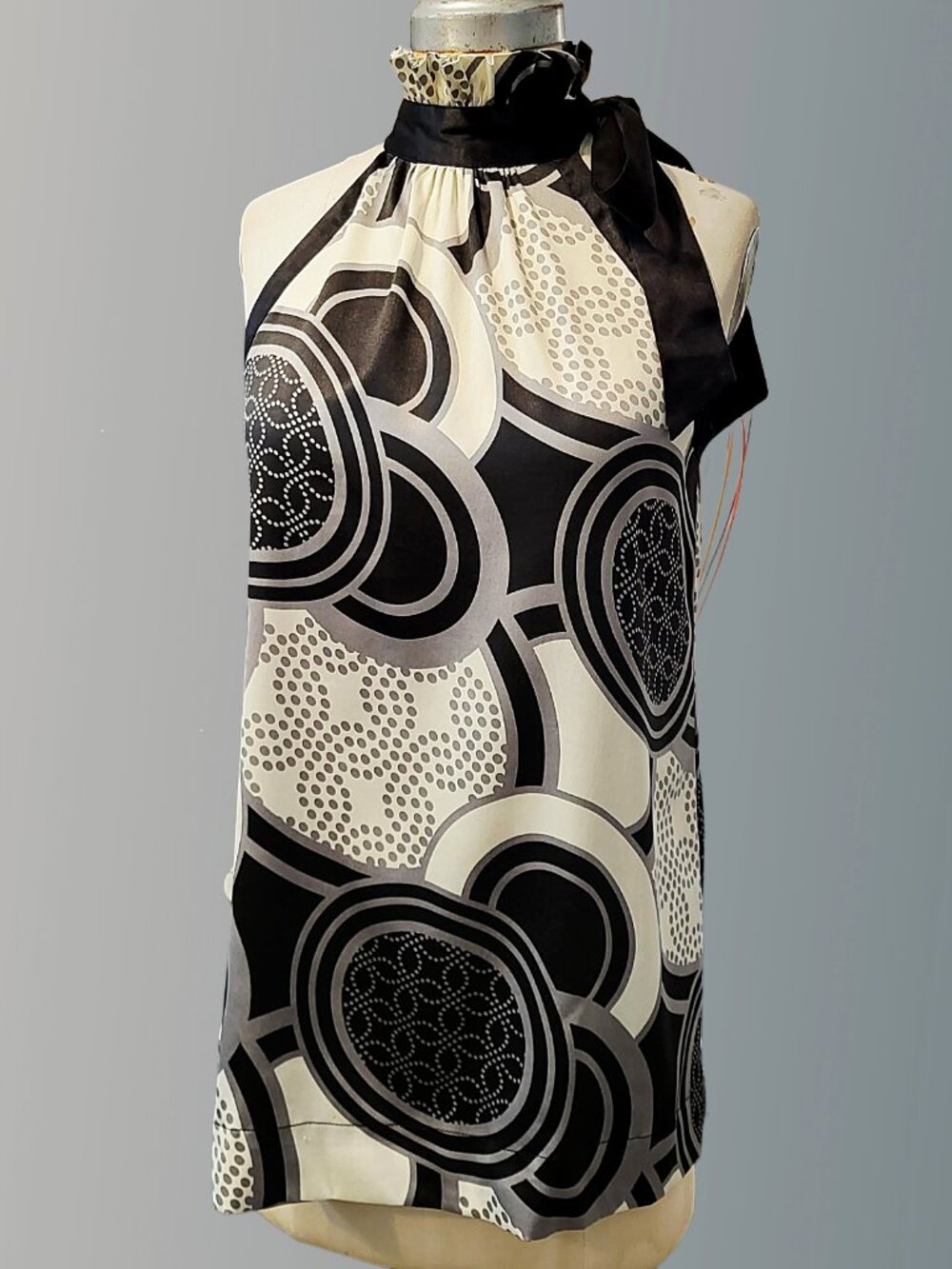 VERO MODA | Retro Abstract Geometric Halter Mini Dress with Satin Bow | Size M
